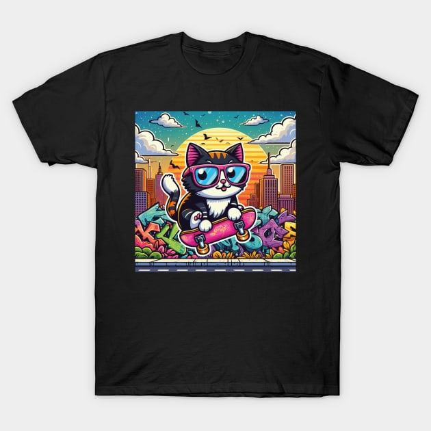 Cat Wearing Sunglasses Riding A Skateboard T-Shirt by SARKAR3.0